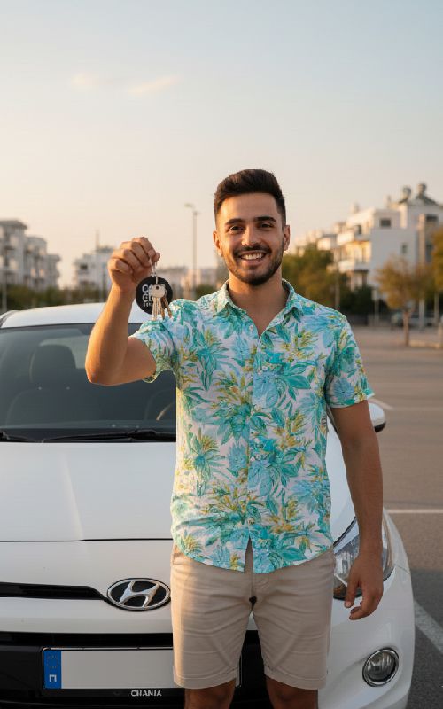 Happy customer holding car keys in front of a rental car in Chania